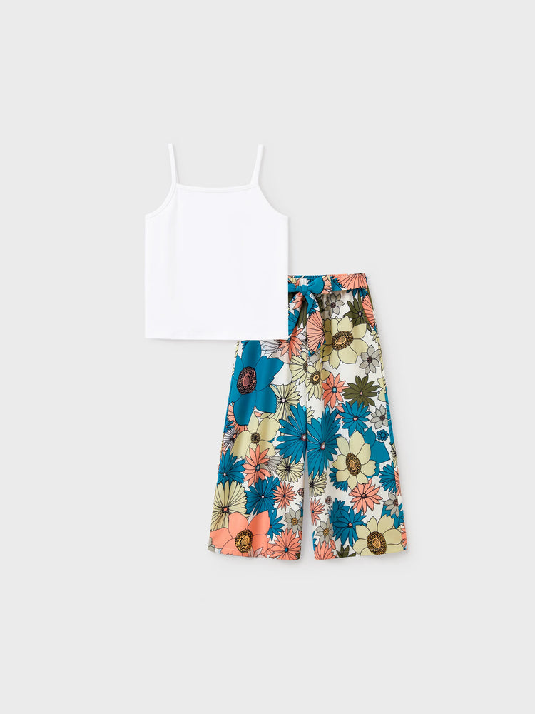 Daddy & Daughter Set Sun Flower Print Short-sleeve Collar Shirt or White Camisole Top and Flower Wide-leg Pants Set for Summer Vacation Multi-color