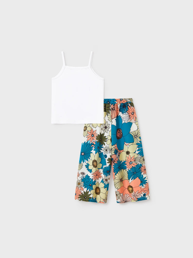 Daddy & Daughter Set Sun Flower Print Short-sleeve Collar Shirt or White Camisole Top and Flower Wide-leg Pants Set for Summer Vacation Multi-color