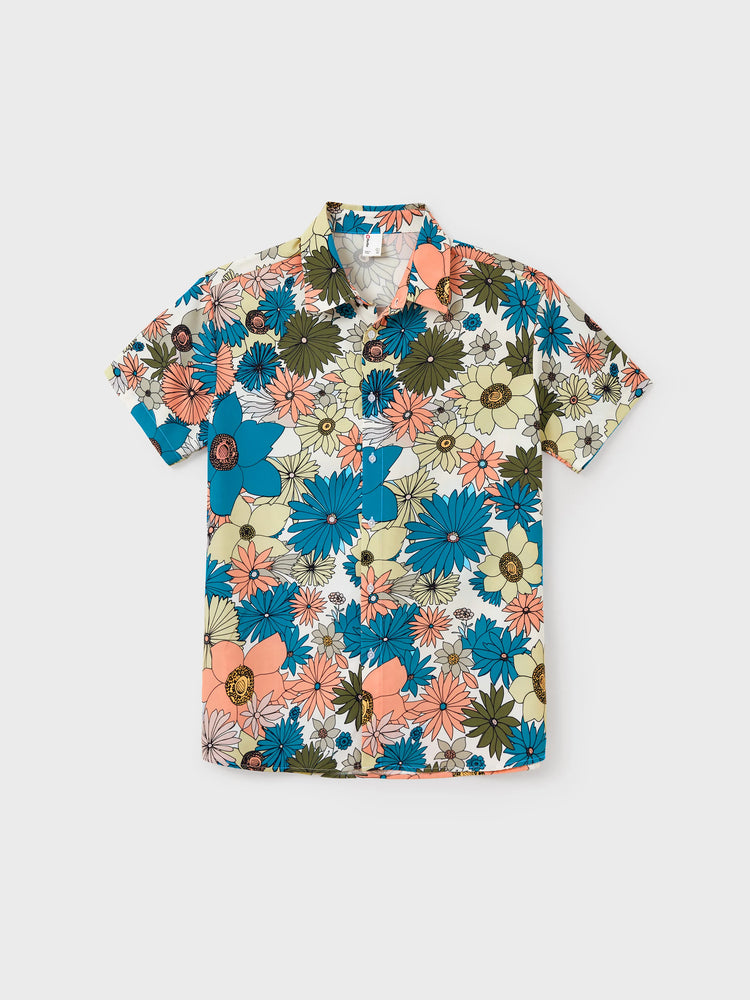 Daddy & Daughter Set Sun Flower Print Short-sleeve Collar Shirt or White Camisole Top and Flower Wide-leg Pants Set for Summer Vacation Multi-color