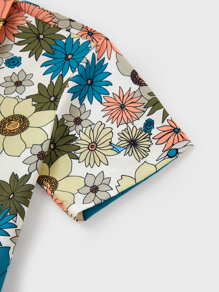 Daddy & Daughter Set Sun Flower Print Short-sleeve Collar Shirt or White Camisole Top and Flower Wide-leg Pants Set for Summer Vacation Multi-color