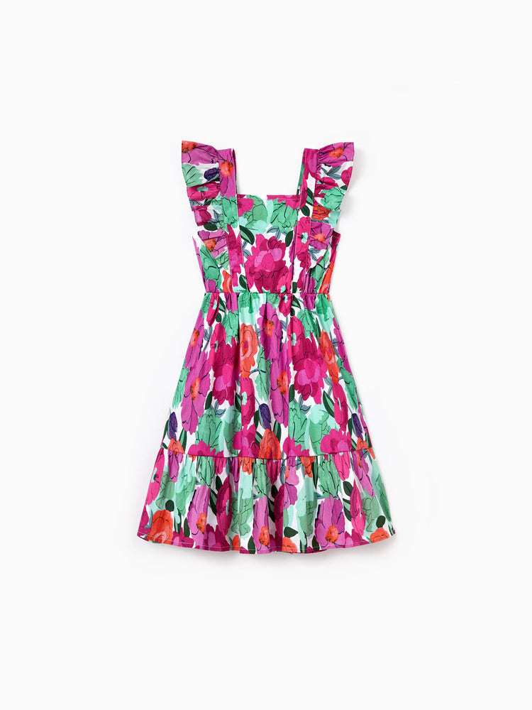 Toddler/Kid Girl Cotton Vacation Dresses Floral Smocked Dresses with Ruffle Straps for Summer Family Outings & Photos Multi-color