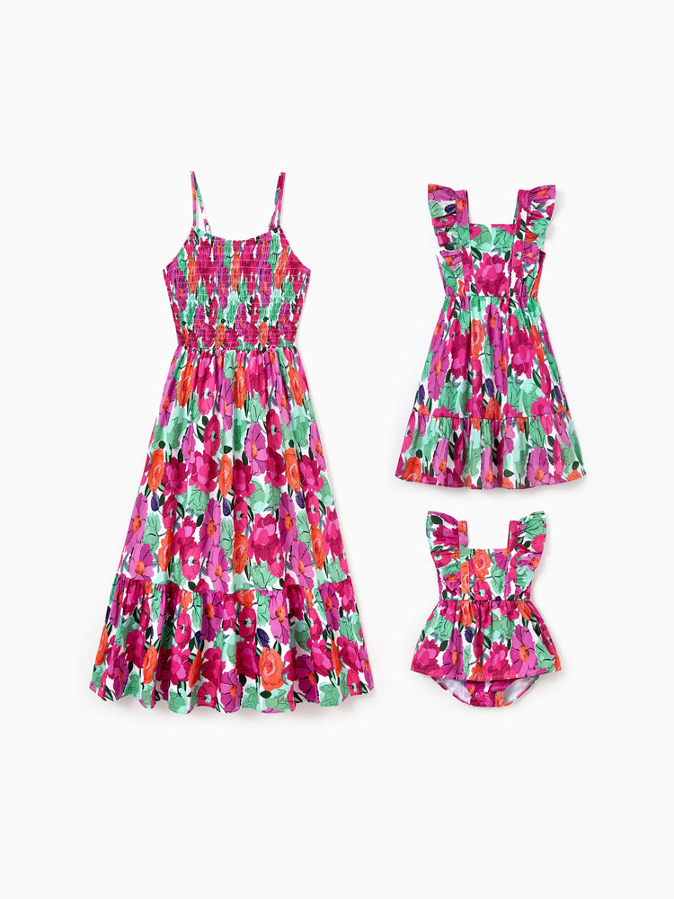 Toddler/Kid Girl Cotton Vacation Dresses Floral Smocked Dresses with Ruffle Straps for Summer Family Outings & Photos Multi-color