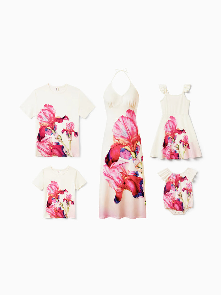 Toddler/Kid Girl Casual Floral Print Halter Dress Summer Set for Vacation  Apricot