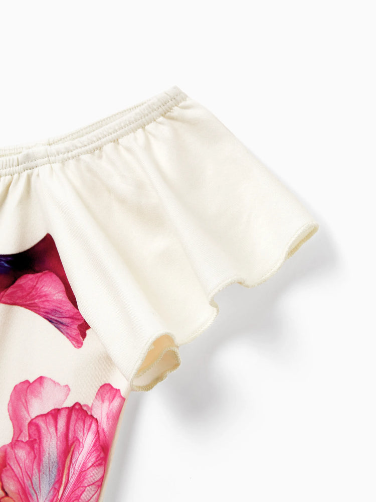 Daddy & Daughter Casual Outfit Floral Print T-shirt or Halter Dress Summer Set for Vacation Apricot