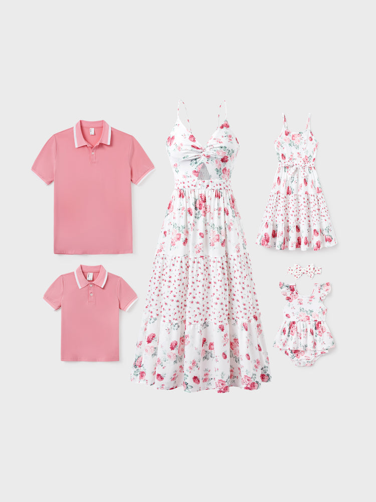 Daddy and Me Family Matching Outfits Set Solid Color Short-sleeve Polo Collar Shirt or Flower Print Hollow out Dress  Pink