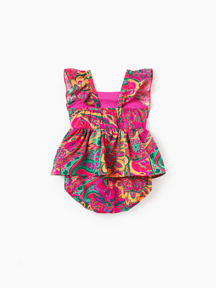 Daddy & Daughter Outfit Set Sleeveless Halter Belted Dress or Short-sleeve Collar Shirt   for Summer Vacation Hot Pink