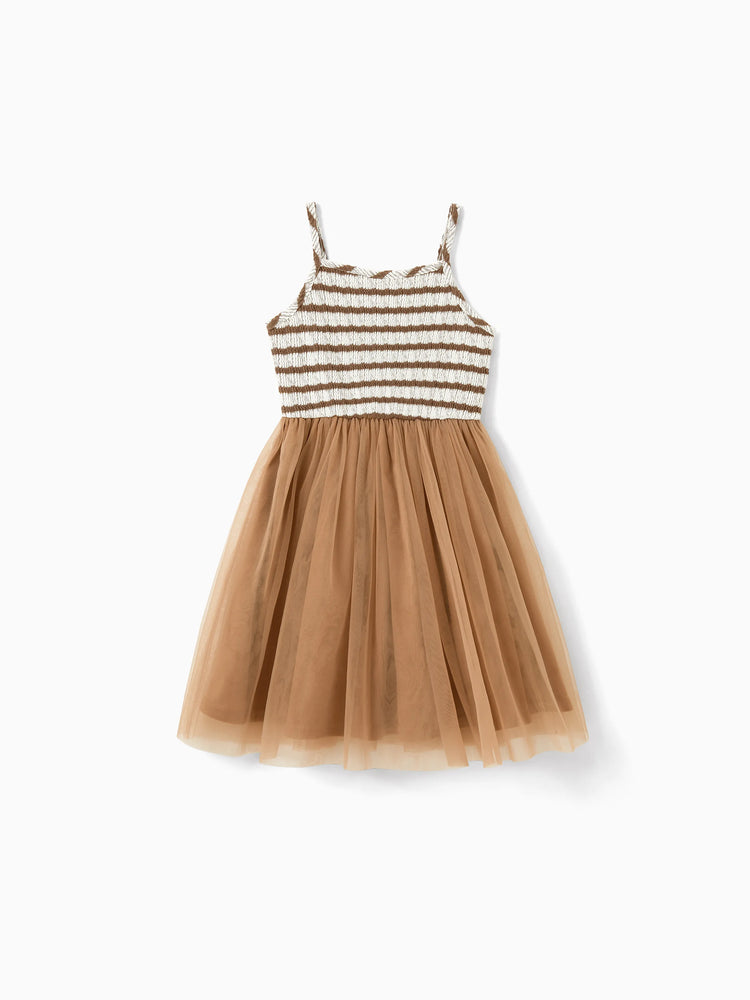 Toddler/Kid Girl Striped Twist-Front Dress with Tulle Skirt, Perfect for Summer Family Outings & Photos Khaki