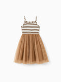 Toddler/Kid Girl Striped Twist-Front Dress with Tulle Skirt, Perfect for Summer Family Outings & Photos Khaki