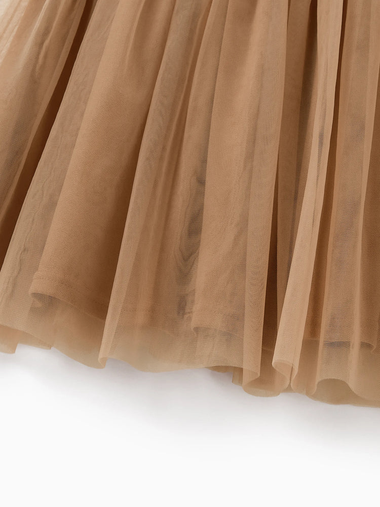 Toddler/Kid Girl Striped Twist-Front Dress with Tulle Skirt, Perfect for Summer Family Outings & Photos Khaki