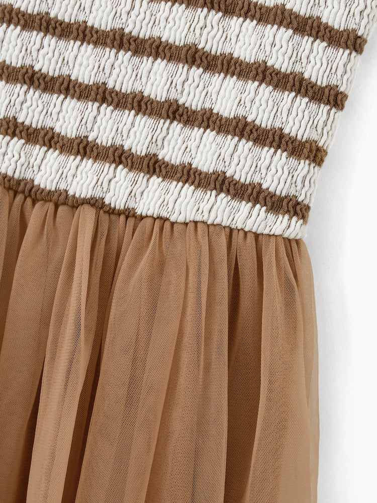 Toddler/Kid Girl Striped Twist-Front Dress with Tulle Skirt, Perfect for Summer Family Outings & Photos Khaki