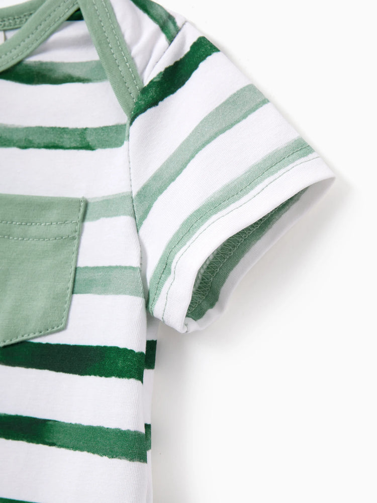 Daddy & Daughter Cotton Outfits Set Green Striped T-Shirt and Dress Set for Dad, Mom, Kids & Baby, Perfect for Summer Family Outings & Photos Green