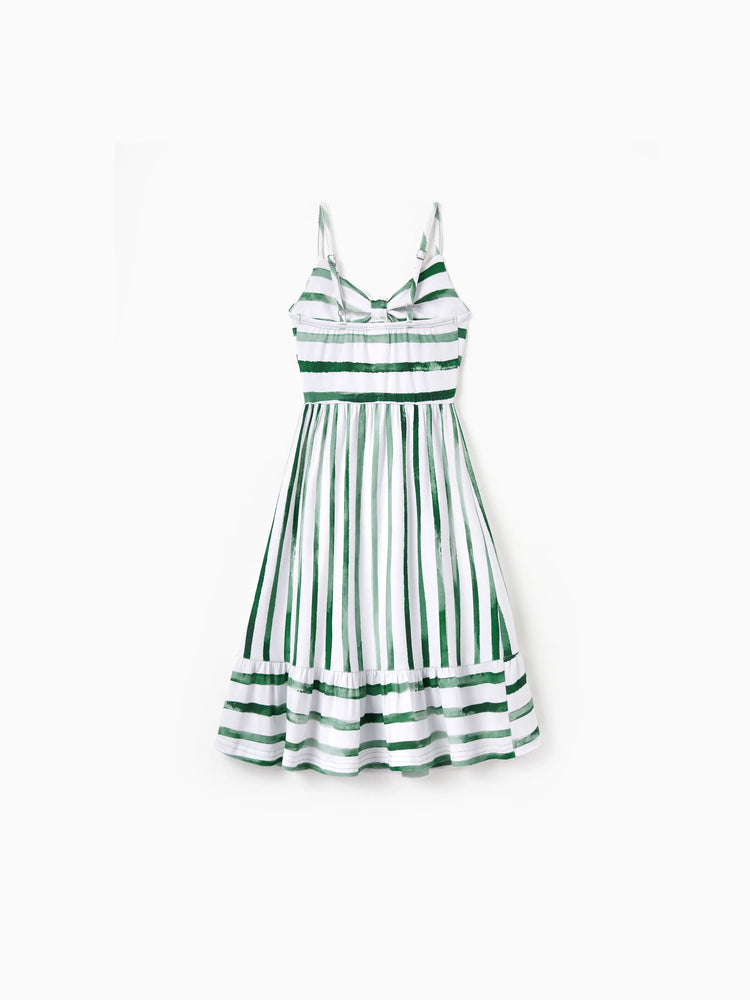 Daddy & Daughter Cotton Outfits Set Green Striped T-Shirt and Dress Set for Dad, Mom, Kids & Baby, Perfect for Summer Family Outings & Photos Green