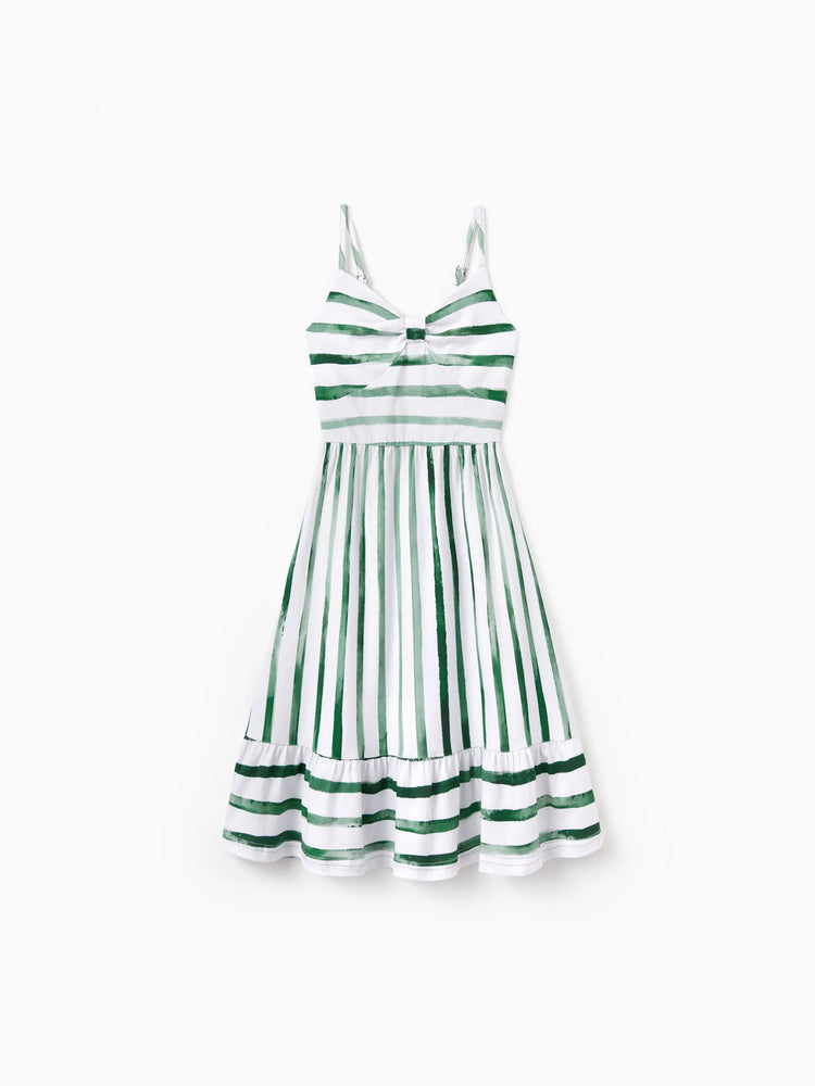 Daddy & Daughter Cotton Outfits Set Green Striped T-Shirt and Dress Set for Dad, Mom, Kids & Baby, Perfect for Summer Family Outings & Photos Green
