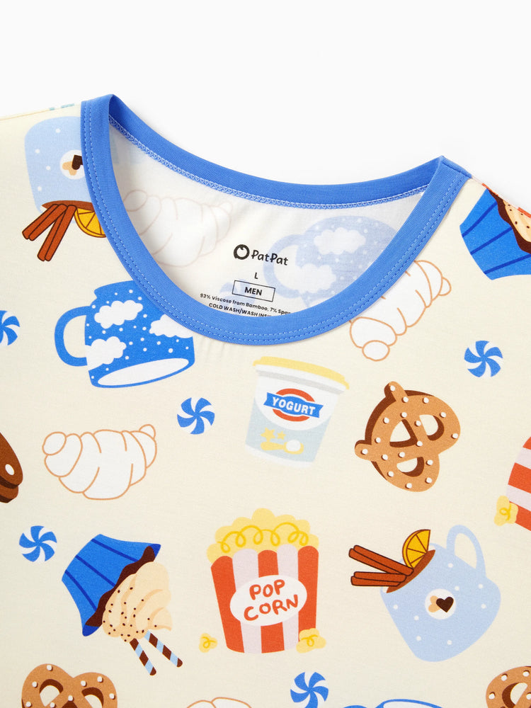 Daddy & Son Bamboo Pajamas Buttery Soft Bamboo Viscose PJs for Men Women Kids Toddler Baby, Cozy Dessert Print Short-sleeve Sleepwear Blue