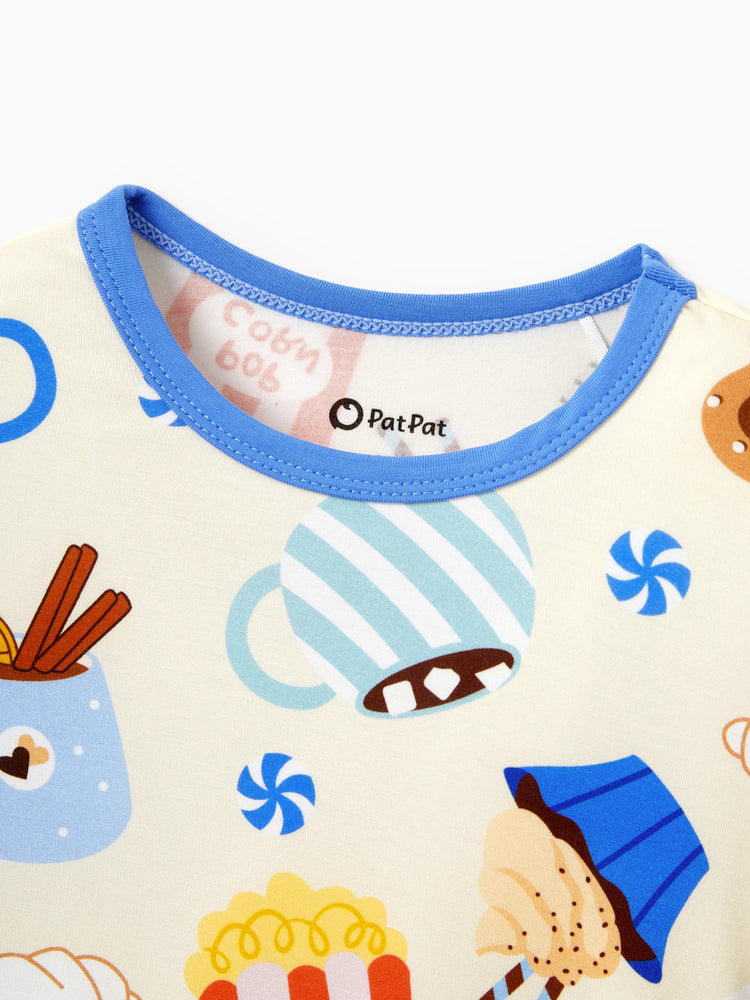 Daddy & Son Bamboo Pajamas Buttery Soft Bamboo Viscose PJs for Men Women Kids Toddler Baby, Cozy Dessert Print Short-sleeve Sleepwear Blue