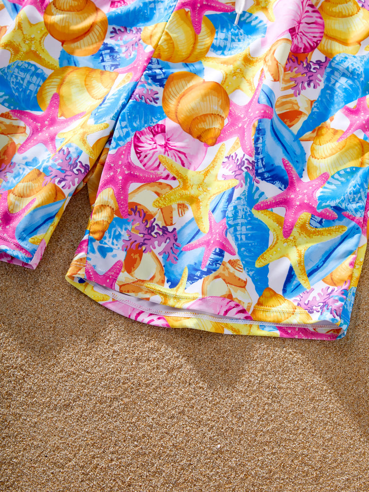 Daddy & Daughter Seashell & Starfish Print Swimsuits Ruched One-Piece & Swim Trunks Set Multi-color