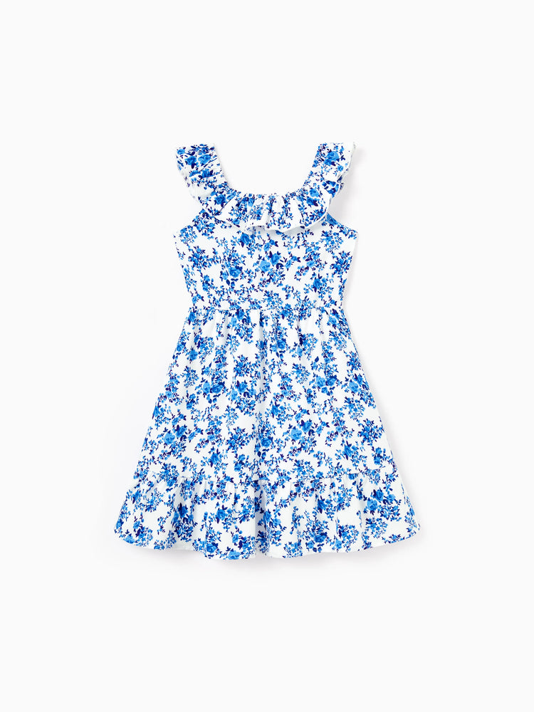 Toddler/Kid Girl Outfits Blue Floral Print Dress, Summer Beach Vacation Coordinates Blue