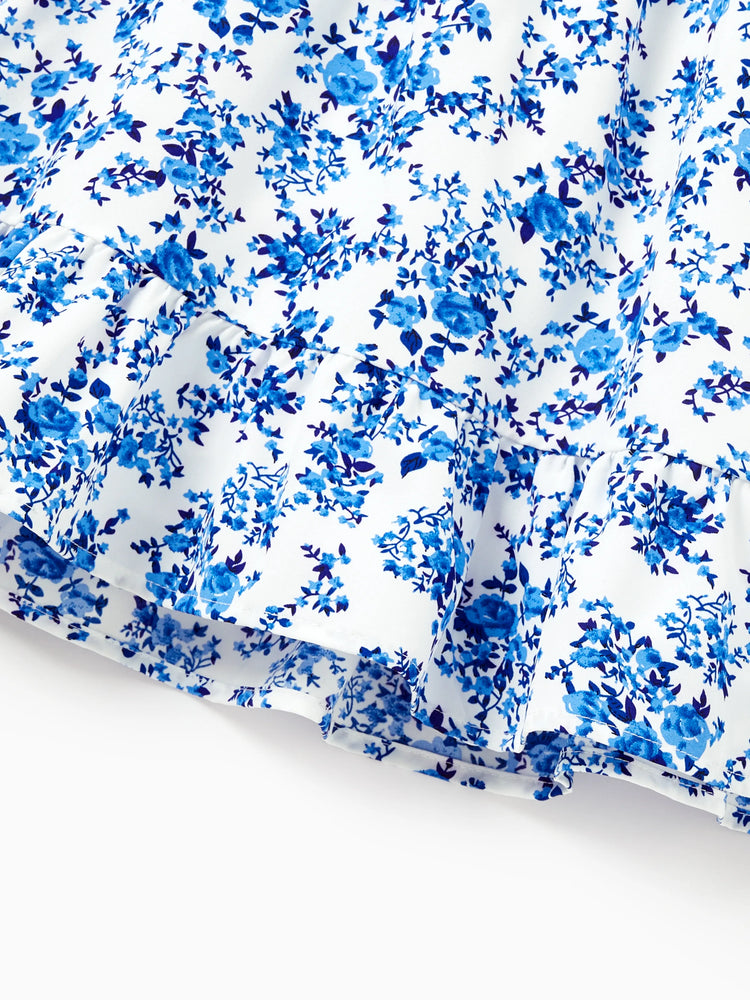 Toddler/Kid Girl Outfits Blue Floral Print Dress, Summer Beach Vacation Coordinates Blue