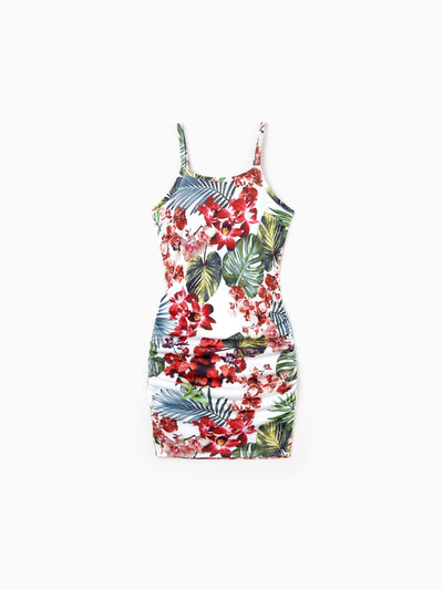 Toddler/Kid Girl Floral Print Tropical Print Spaghetti Strap Body-con Dress, Perfect for Summer Vacations & Family Photos Red