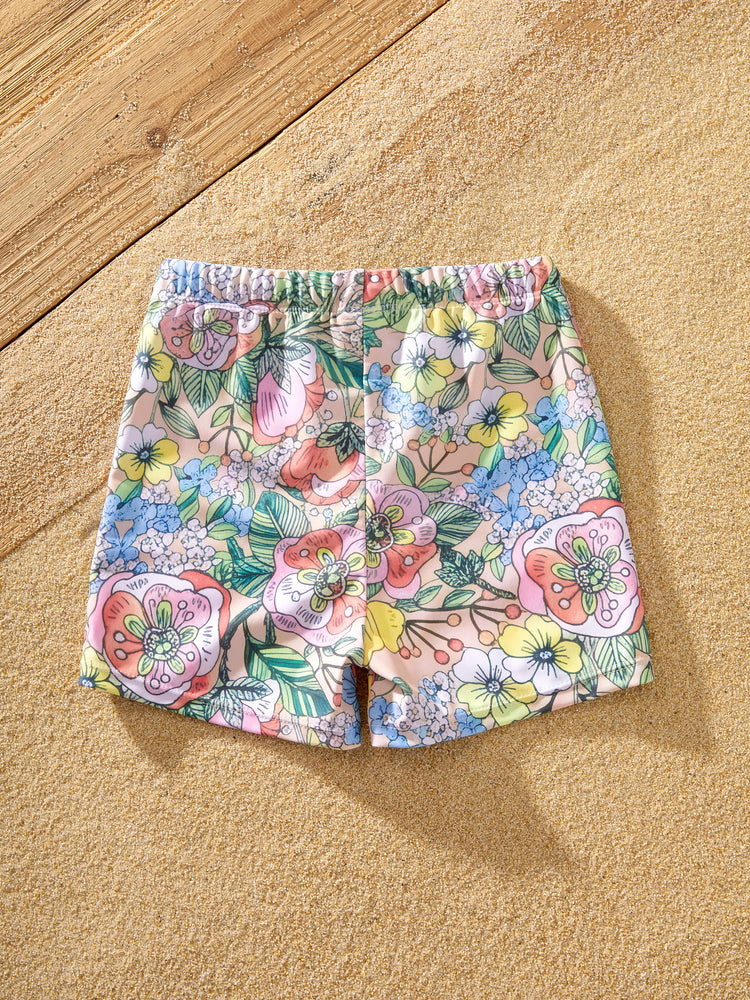 Matching Family Floral Swimwear Bikini Set for Mom & Daughter Floral Board Shorts for Dad & Son, Cute Beach Outfits for Vacation & Pool Days Multi-color