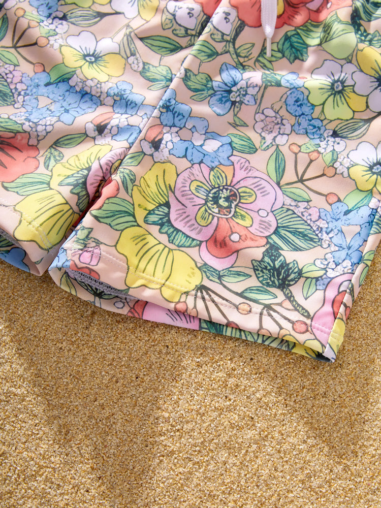 Matching Family Floral Swimwear Bikini Set for Mom & Daughter Floral Board Shorts for Dad & Son, Cute Beach Outfits for Vacation & Pool Days Multi-color