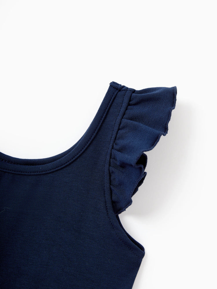 Toddler/Kid Girl Tropical Leaves Print Sleeveless Rompers with Belted Shorts  Deep Blue