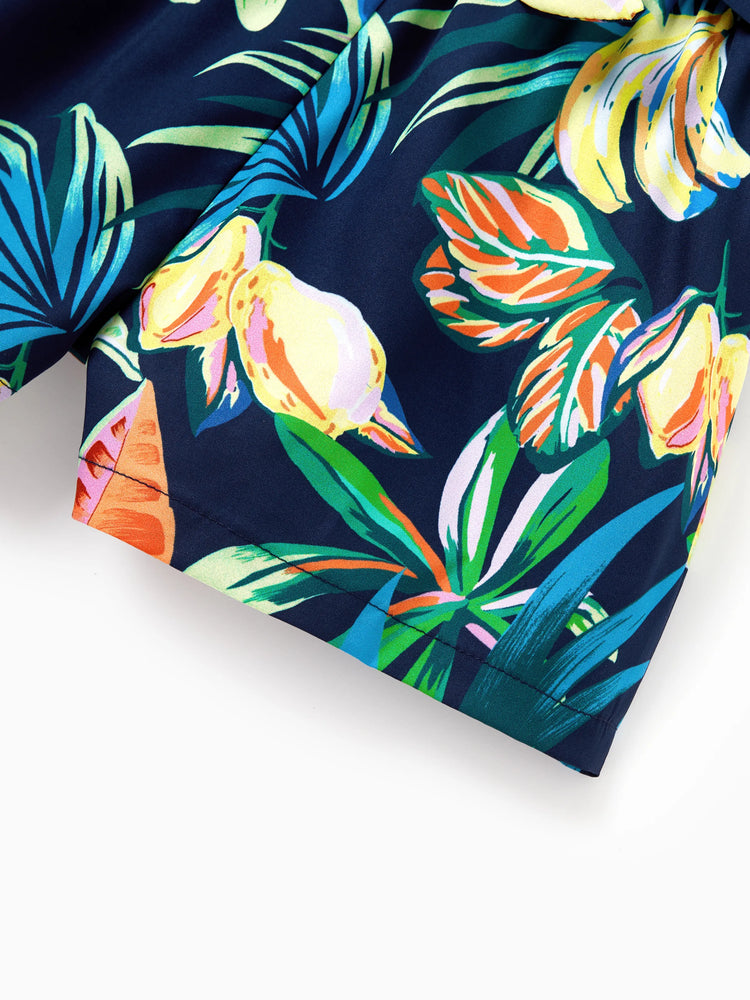 Toddler/Kid Girl Tropical Leaves Print Sleeveless Rompers with Belted Shorts  Deep Blue