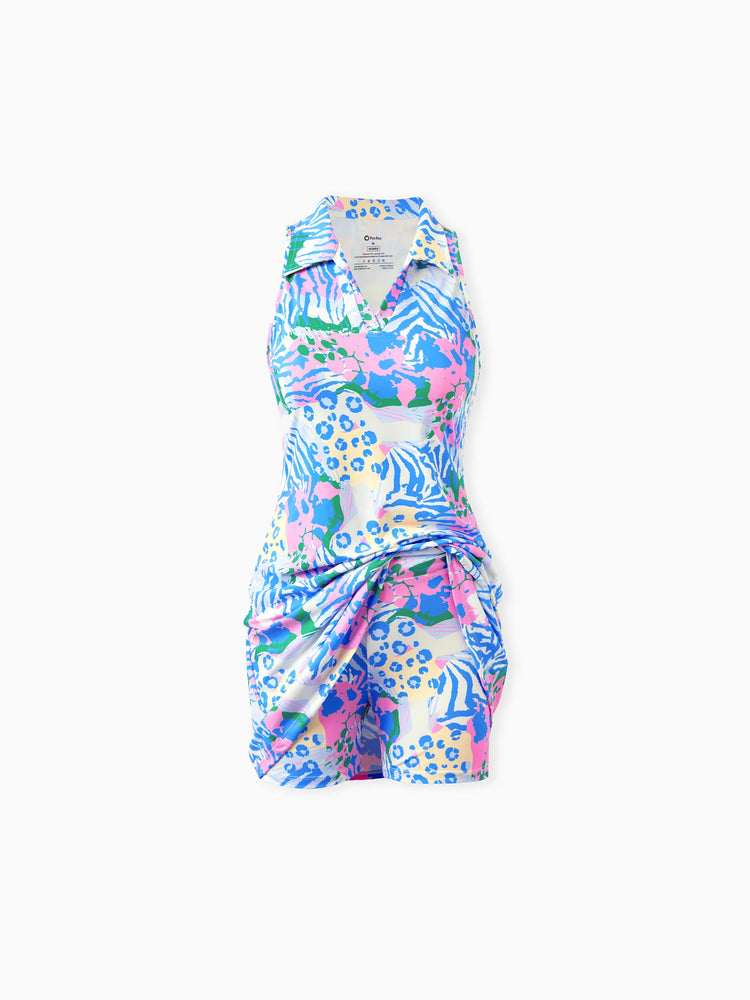 Matching Mommy and Me Resort Dresses Colorful Abstract Print Halter Collar Dress With Shorts, Chic Summer Vacation Outfits Multi-color