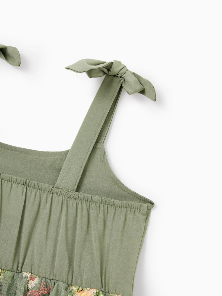 Daddy & Daughter Polo Collar Short-sleeve Shirt or V-neck Strappy Mesh Dress Green