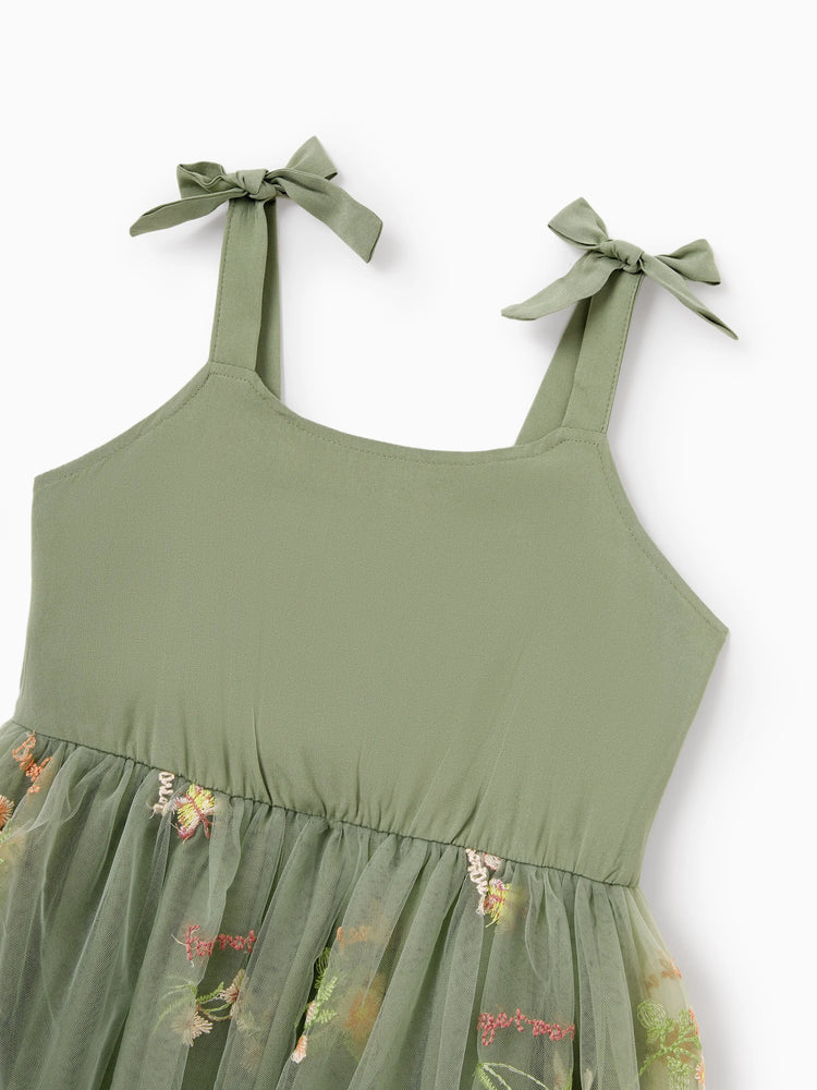 Toddler/Kid Girl Flower  Embroidered  V-neck Strappy Mesh Dress  Green
