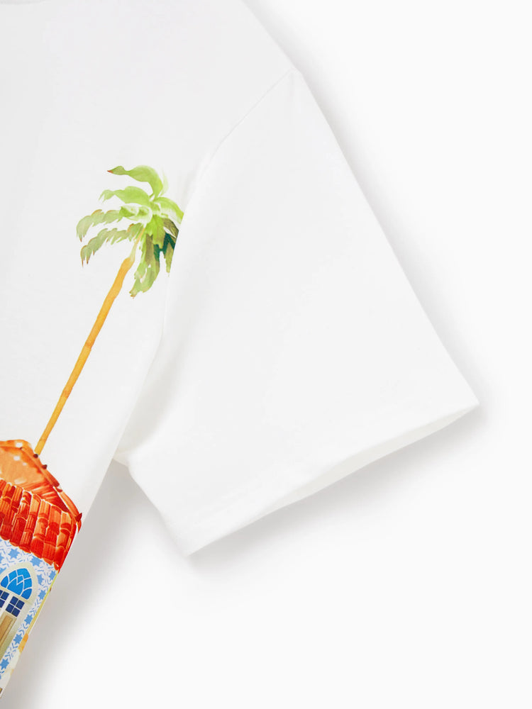 Daddy & Daughter Vacation Set Tropical Pineapple Coconut Tree Print Short-sleeve T-shirt or Hollow out Strap Dress for Summer Vacation White