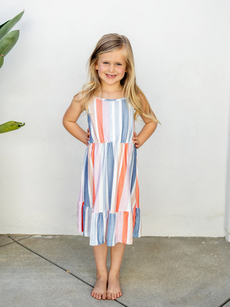 Mommy and Me Family Matching Blue Short-sleeve Tee or Colorful Stripe Camisole Dress Multi-color
