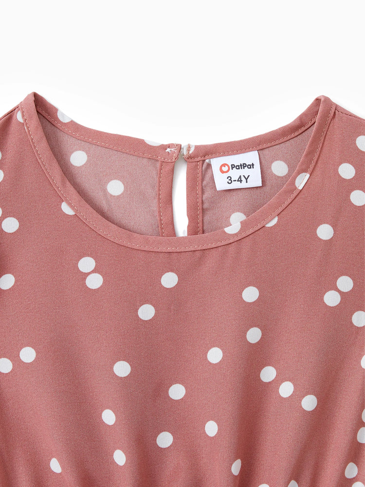 Toddler/Kid Girl All Over Dots Pink Cross Wrap V Neck Ruffle Flutter-sleeve Dress for Mom and Me PinkyWhite