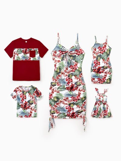 Toddler/Kid Girl Floral Print Tropical Print Spaghetti Strap Body-con Dress, Perfect for Summer Vacations & Family Photos Red