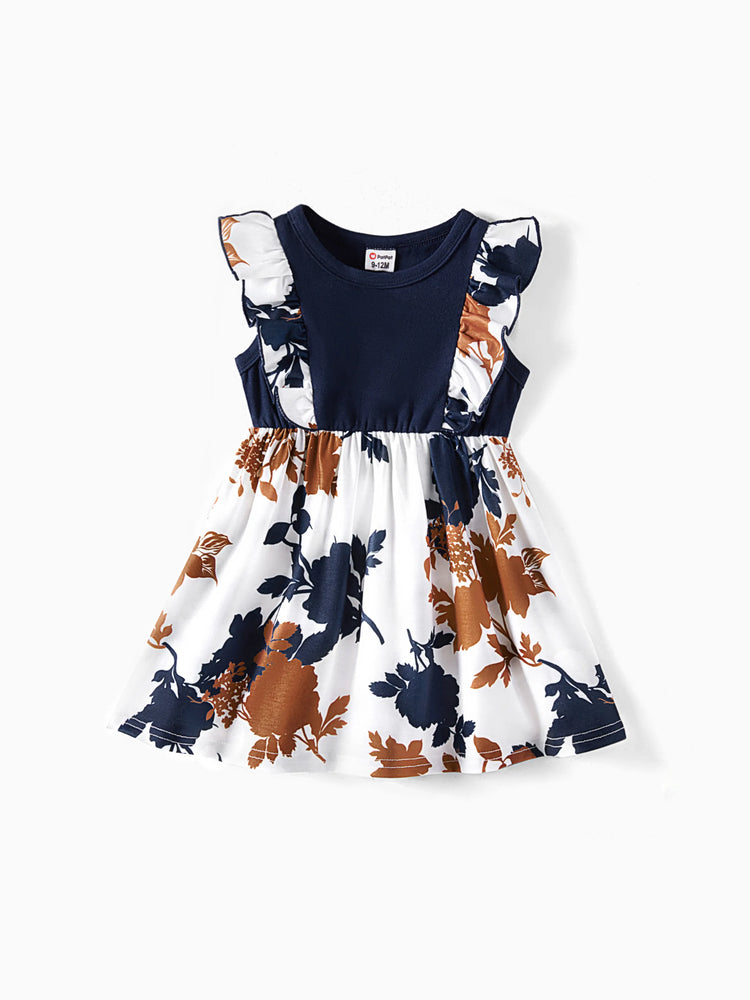 Mommy and Me Family Matching Casual Dress or T-Shirt, Solid Color, Fabric Stitching royalblue