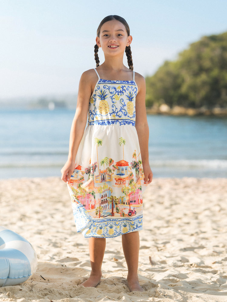 Daddy & Daughter Vacation Set Tropical Pineapple Coconut Tree Print Short-sleeve T-shirt or Hollow out Strap Dress for Summer Vacation White