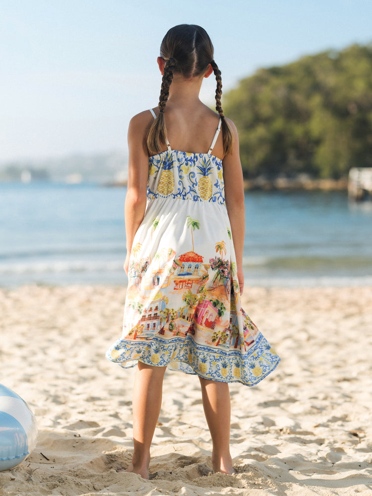 Daddy & Daughter Vacation Set Tropical Pineapple Coconut Tree Print Short-sleeve T-shirt or Hollow out Strap Dress for Summer Vacation White