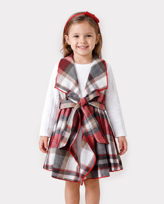 A three-piece toddler dress set in a classic check, the kind of washable occasion dress that works past one morning
