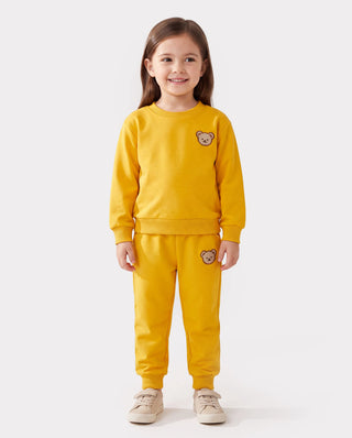 Two-piece sweatshirt and trousers set for a toddler, close-fitting clothing without hoods or drawstrings