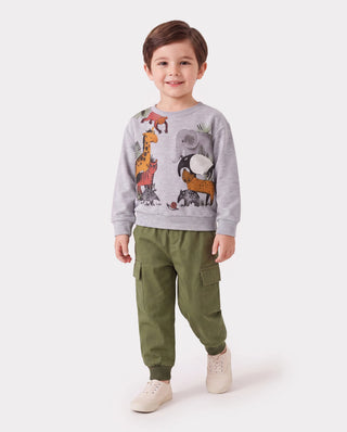 A two-piece toddler sweatshirt and trousers set, the mid-layer and bottom half of a spring layering system