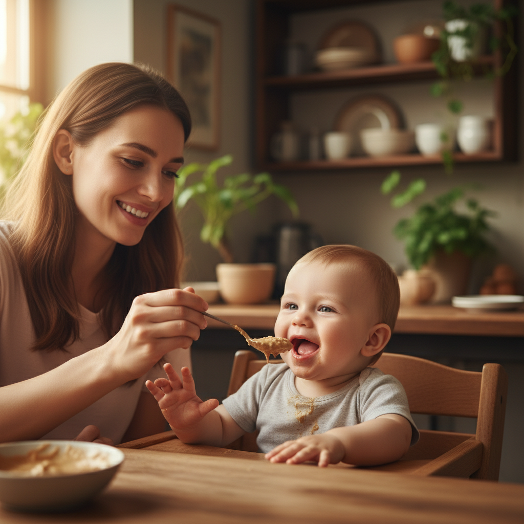 Introducing tree nuts to baby guide - mother feeding thinned almond butter oatmeal to infant