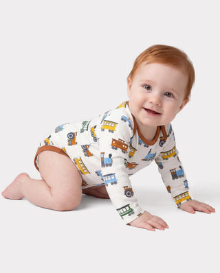 Bamboo baby bodysuit showing the fine smooth knit surface and bound neckline