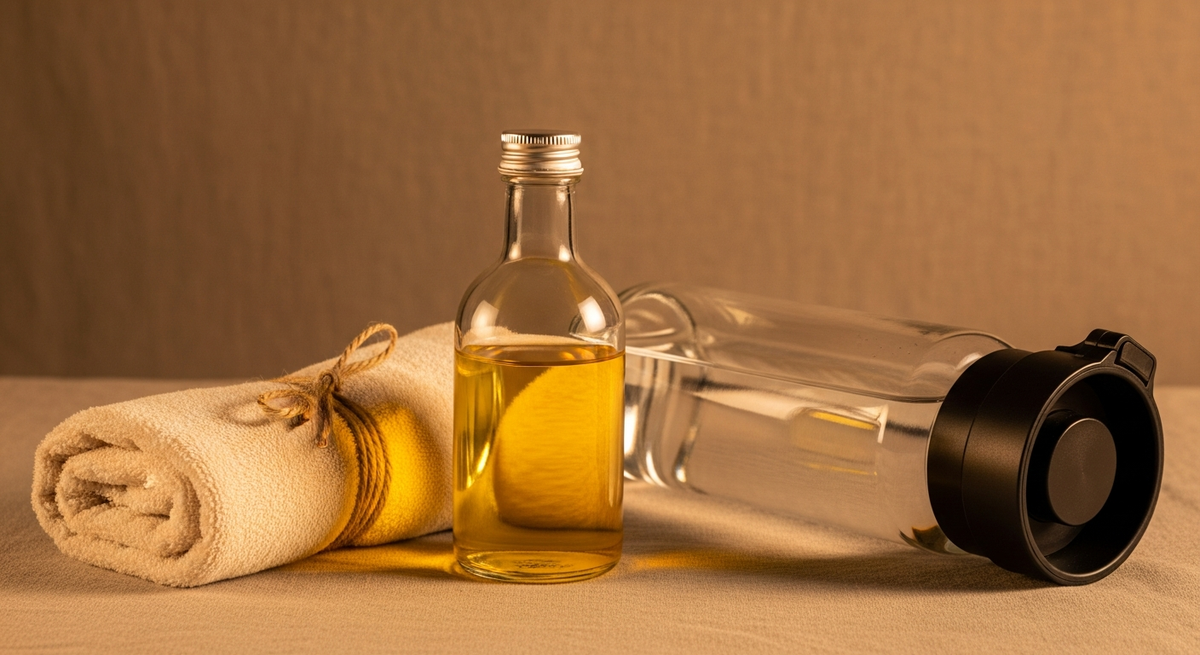 Castor oil pack for fertility guide showing organic oil bottle flannel cloth and heating pad arrangement