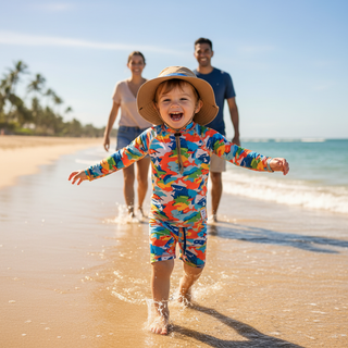 UPF 50+ kids swimwear guide illustration showing child in sun protective rash guard at beach