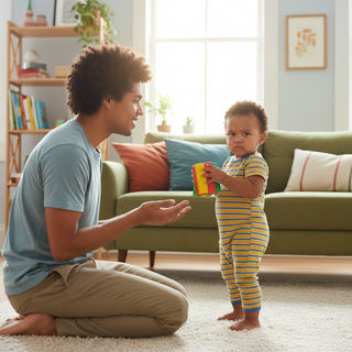 Positive parenting guide illustration showing parent connecting with strong-willed child at home