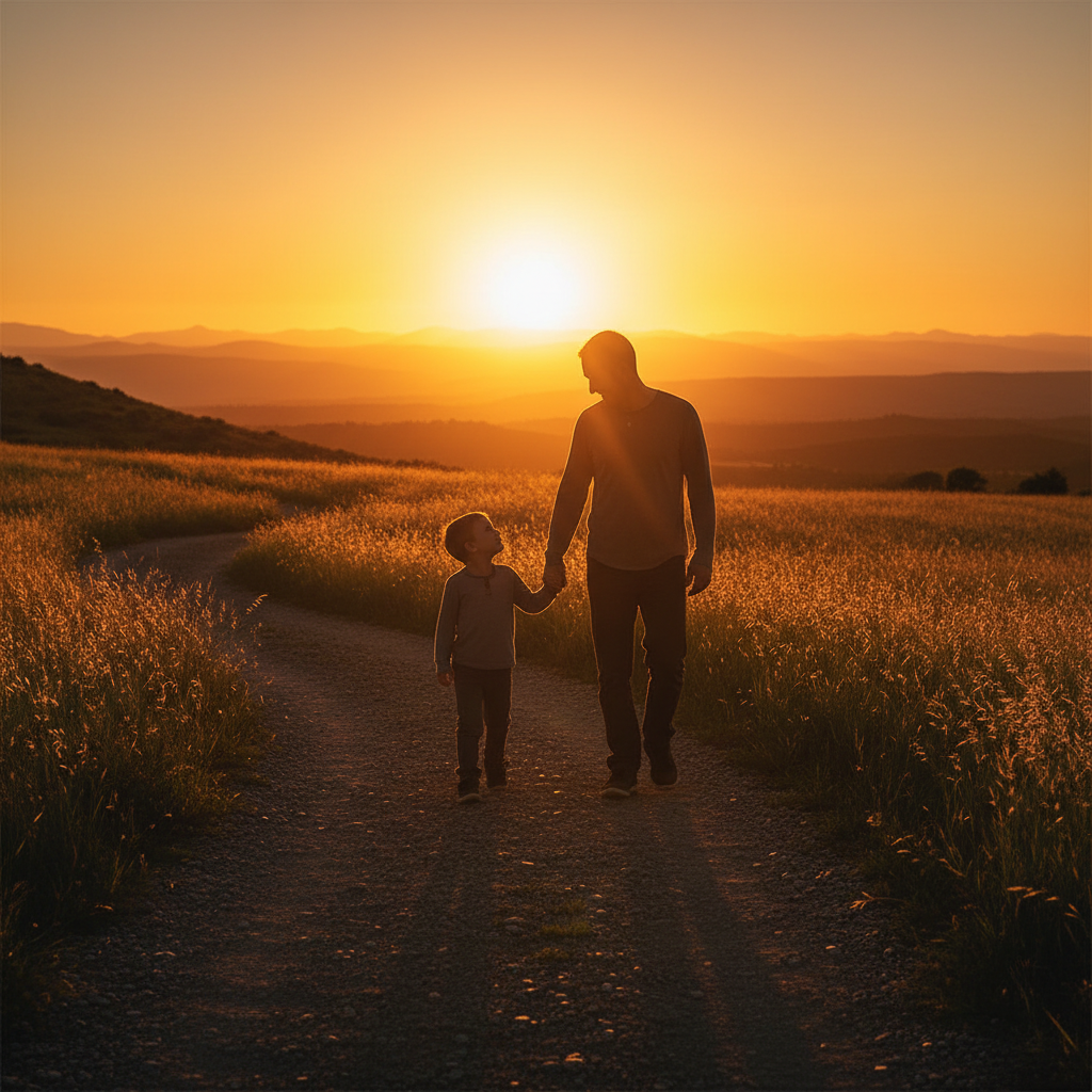 father and son quotes guide - dad and son walking together at golden sunset