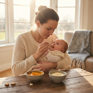 Baby food for acid reflux guide illustration showing mother feeding baby in upright position