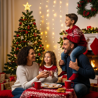 Family enjoying screen-free Christmas Eve activities together in cozy home