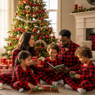 Black Friday matching Christmas pajamas family guide illustration