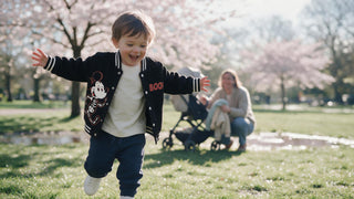 Toddler dressed for spring in layers, a cotton top and jacket, running through a blossoming park